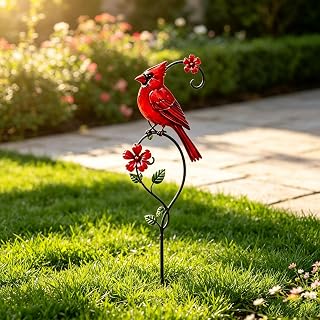 Red Cardinal Garden Stake, Metal Bird Yard Art Decoration (Style D)