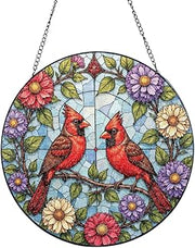 Two Cardinals Surrounded By Flowers Stained Glass Suncatcher 12in
