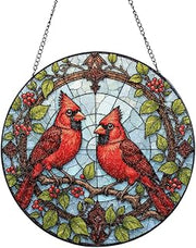 Two Cardinals On A Branch/11 Stained Glass Suncatcher 8in