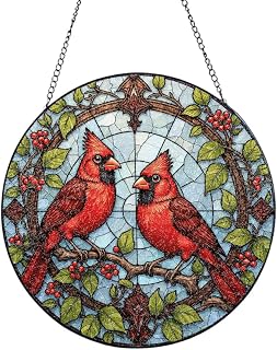 Two Cardinals On A Branch/11 Stained Glass Suncatcher 8in