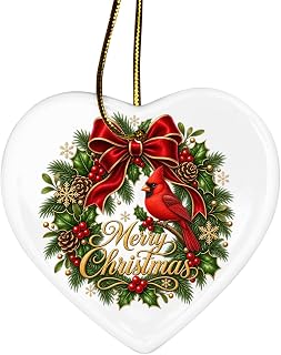 Red Cardinal Merry Christmas Wreath Ceramic Christmas Ornament Xmas Keepsake Gift (Heart, 1 Side)