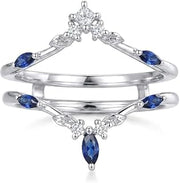 925 Sterling Silver Created Diamond & Blue Sapphire Ring Enhancer Guard Vintage Leaf Princess Cut Chevron Curved Wedding Band Double Ring Jacket for Women
