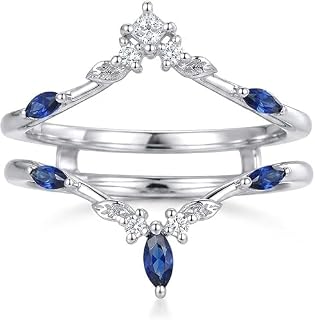 925 Sterling Silver Created Diamond & Blue Sapphire Ring Enhancer Guard Vintage Leaf Princess Cut Chevron Curved Wedding Band Double Ring Jacket for Women