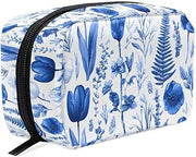 Flowers Sapphire Blue Makeup Bag Small Cosmetic Pouch Make Up Bags for Purse Travel