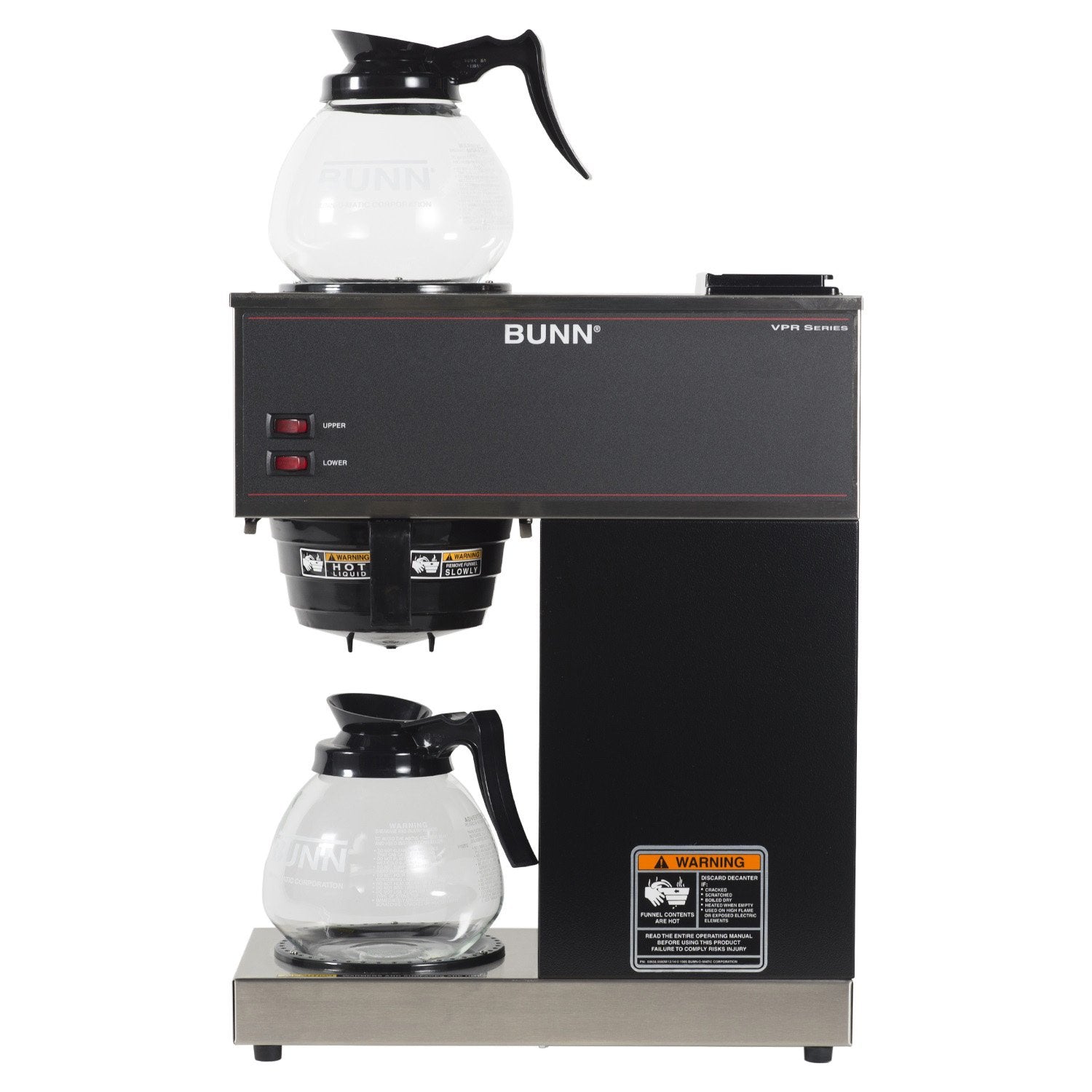 BUNN 33200.0015 VPR-2GD 12-Cup Pourover Commercial Coffee Brewer with Upper and Lower Warmers and Two Glass Decanters, Black, Stainless, Standard view 2