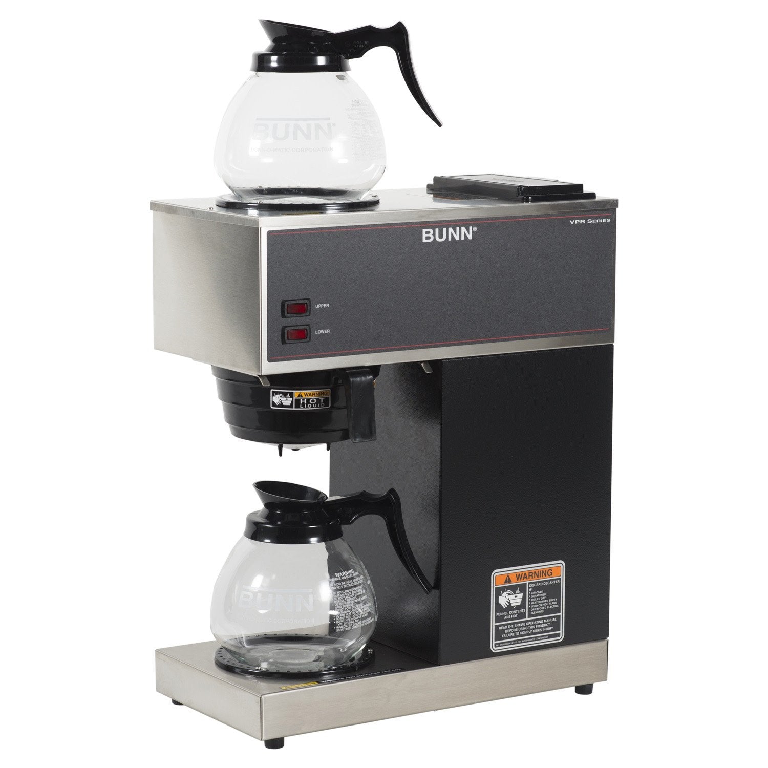 BUNN 33200.0015 VPR-2GD 12-Cup Pourover Commercial Coffee Brewer with Upper and Lower Warmers and Two Glass Decanters, Black, Stainless, Standard view 3