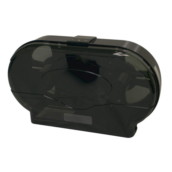 Thunder Group PLRPD396 Jumbo Twin Tissue Dispenser, 19" x 5" x 12-1/4", Full-Swing Replaceable Cover, Key-Lock, Holds up to (2) 9" Dia. Rolls, Plastic, tranparent