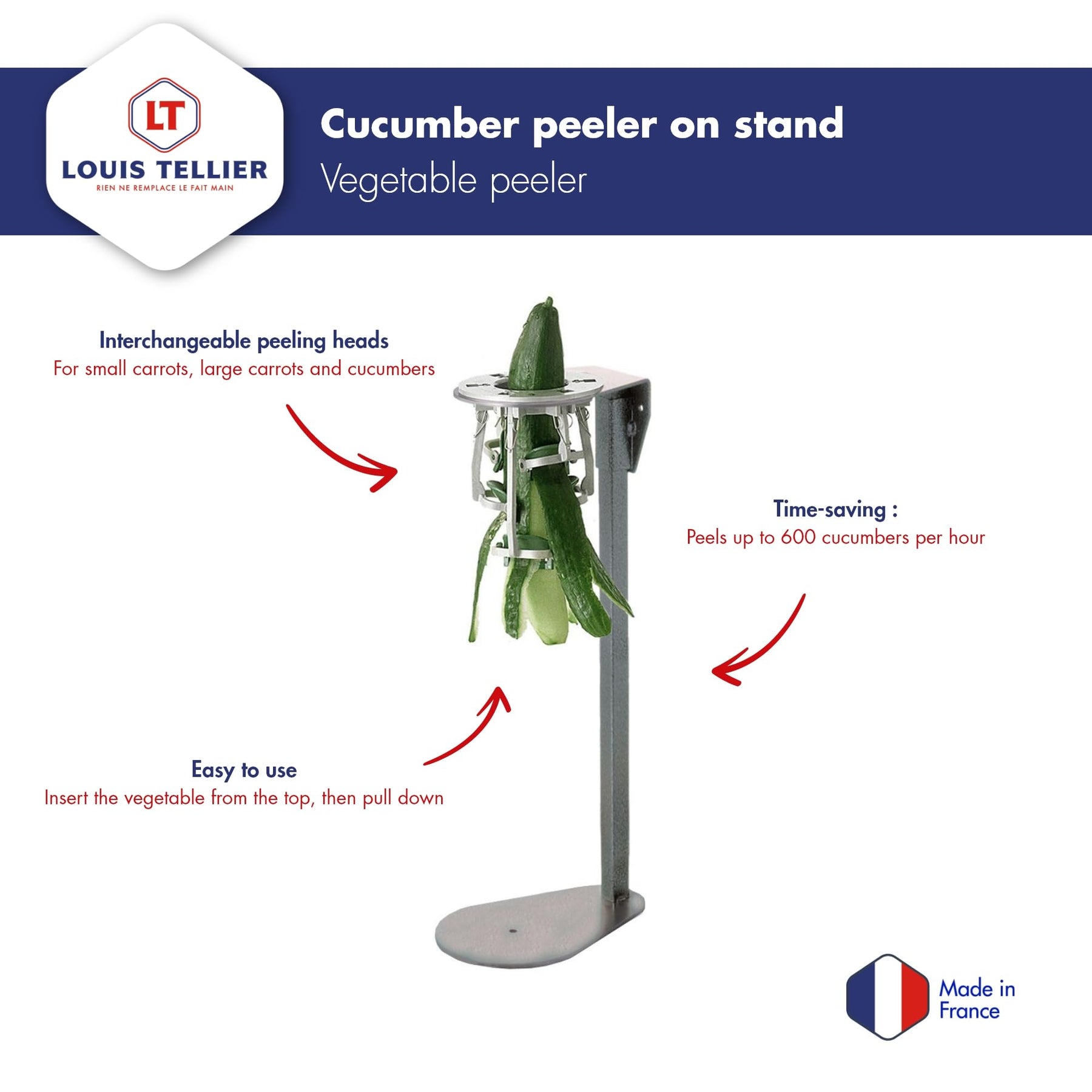 LOUIS TELLIER - Cucumber Peeler on Stand - For cucumber up to Ø2.4 in - Stainless Steel Blade - High Efficiency view 4