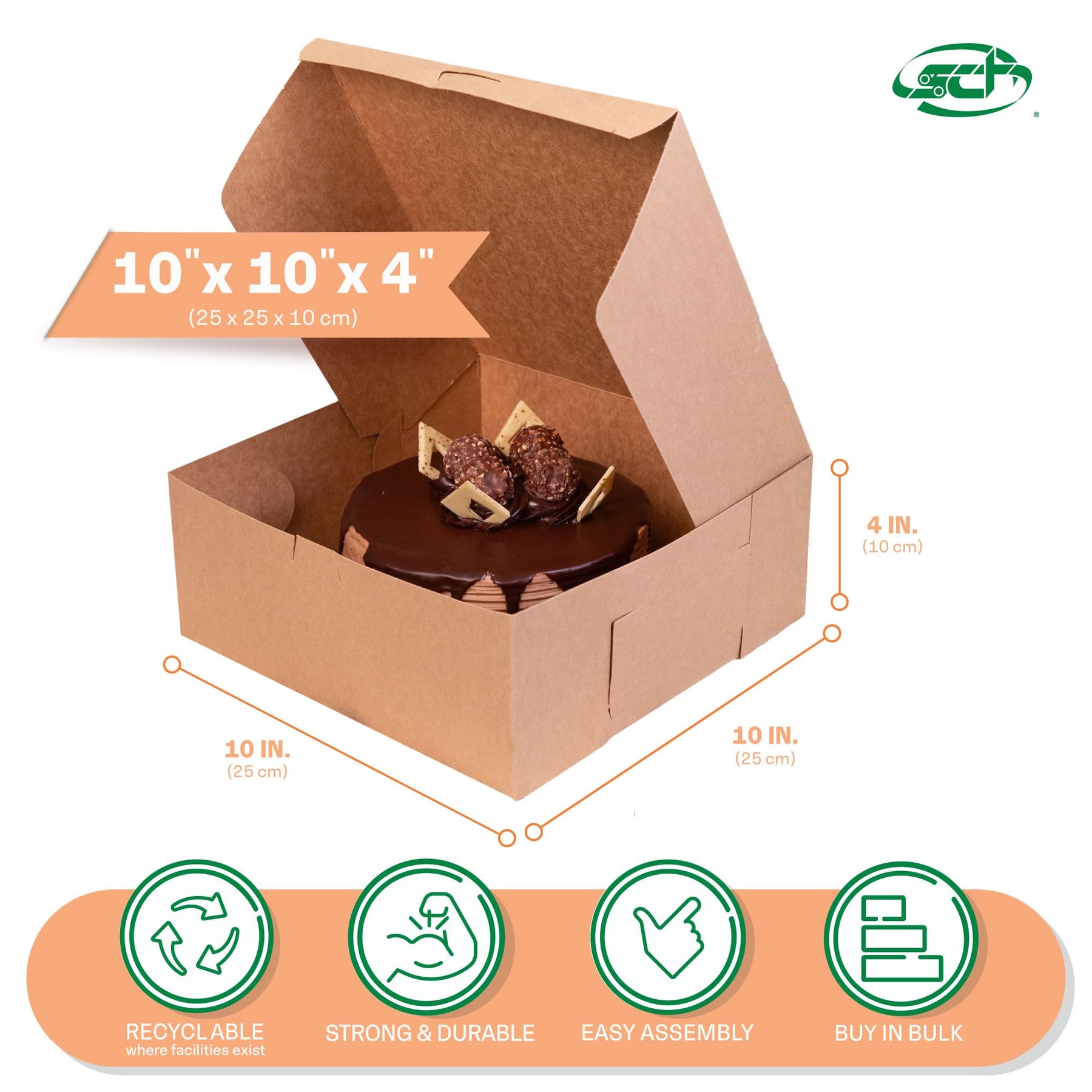 SCT Kraft One-Piece Non-Window Bakery Boxes, 10 x 10 x 4, Brown, Paper, 100/Bundle view 2