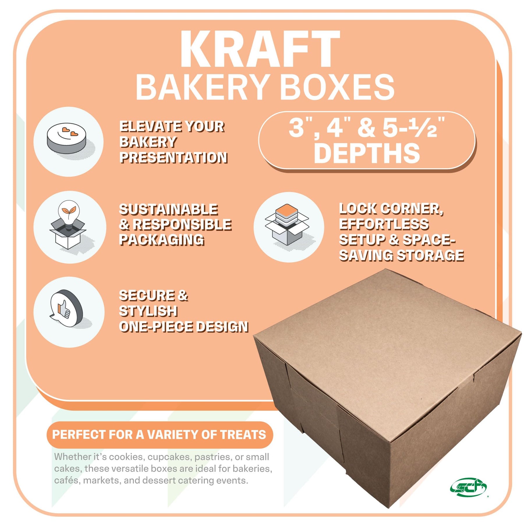 SCT Kraft One-Piece Non-Window Bakery Boxes, 10 x 10 x 4, Brown, Paper, 100/Bundle view 3
