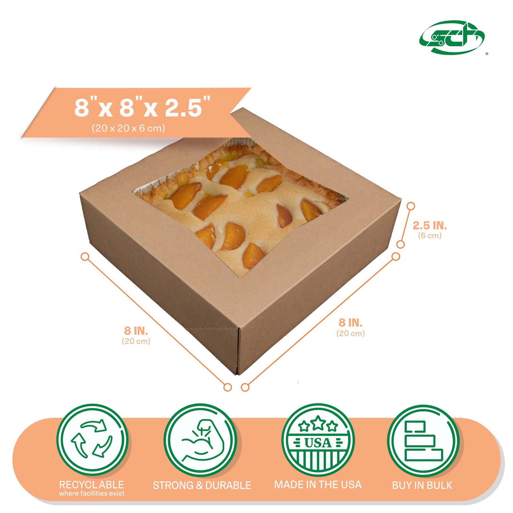 SCT Kraft Window Bakery Box (200 Quantity) 8x8x2.5, Automatic Bakery Carrier for Pies, Donuts, Pastries, Kraft with Clear Lid, 24013K view 2