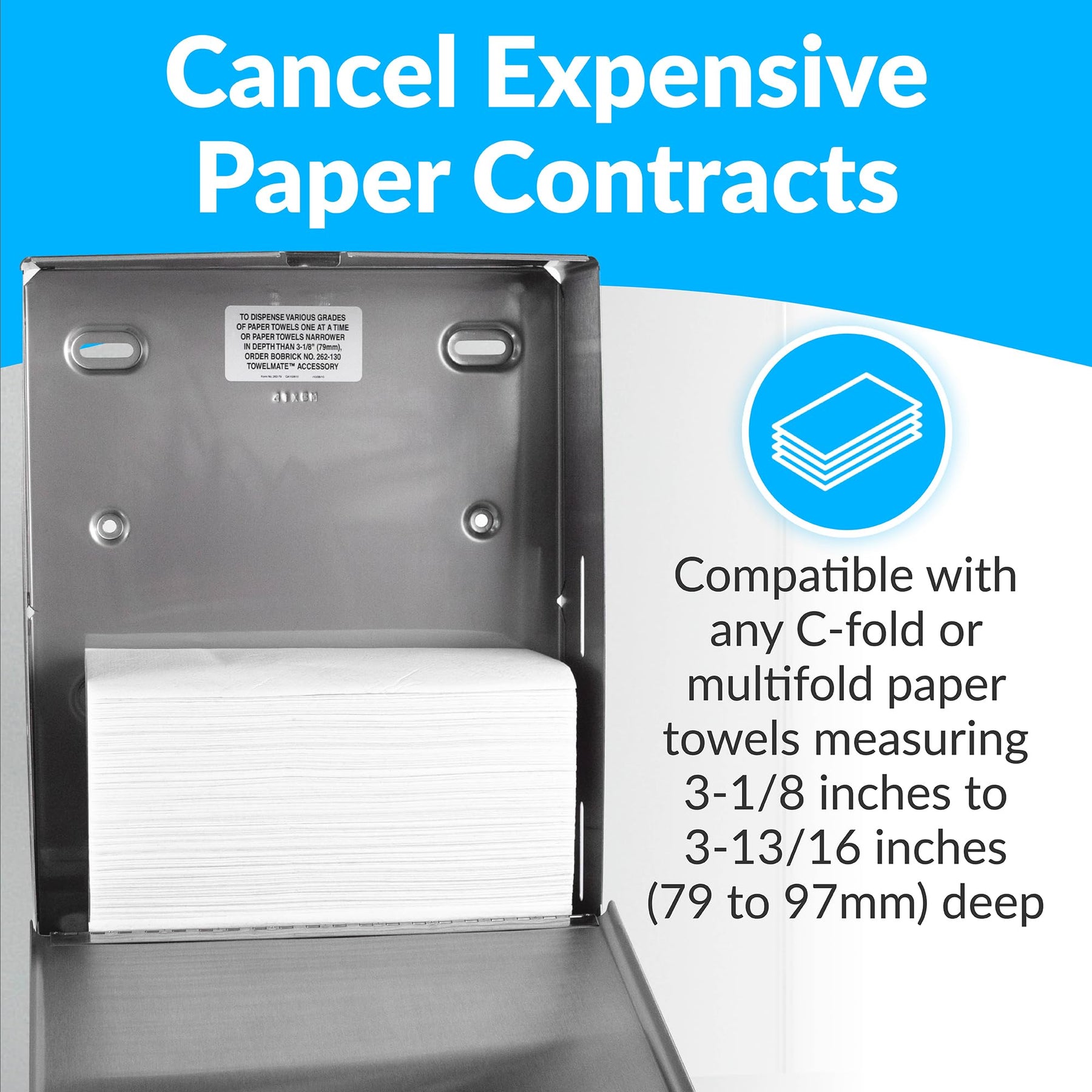 Bobrick B-2620 Surface Mounted Paper Towel Dispenser - Stainless Steel Commercial Bathroom Towel Dispenser with Knob-Latch 400 C-Fold or 525 Multifold Capacity view 2