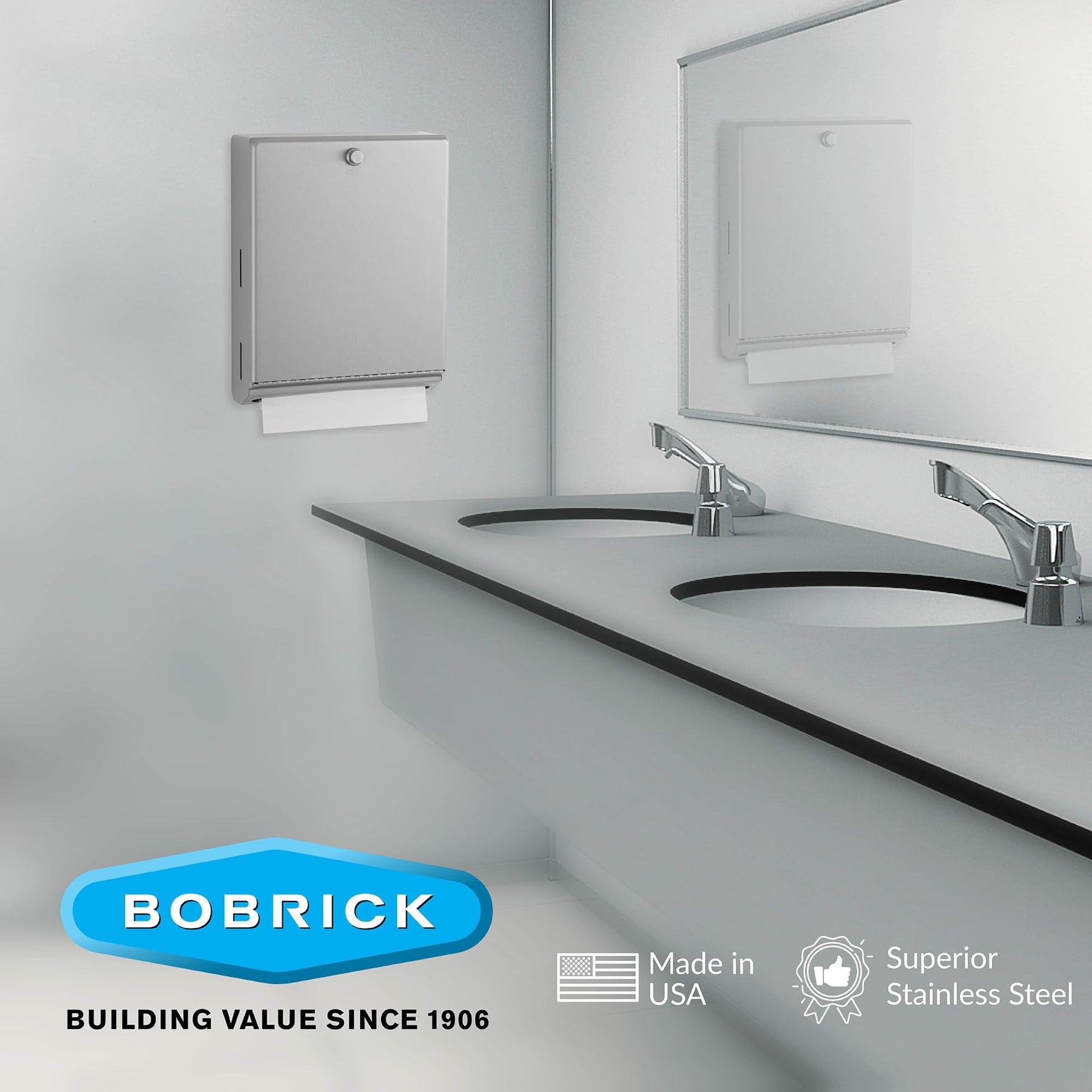 Bobrick B-2620 Surface Mounted Paper Towel Dispenser - Stainless Steel Commercial Bathroom Towel Dispenser with Knob-Latch 400 C-Fold or 525 Multifold Capacity view 5