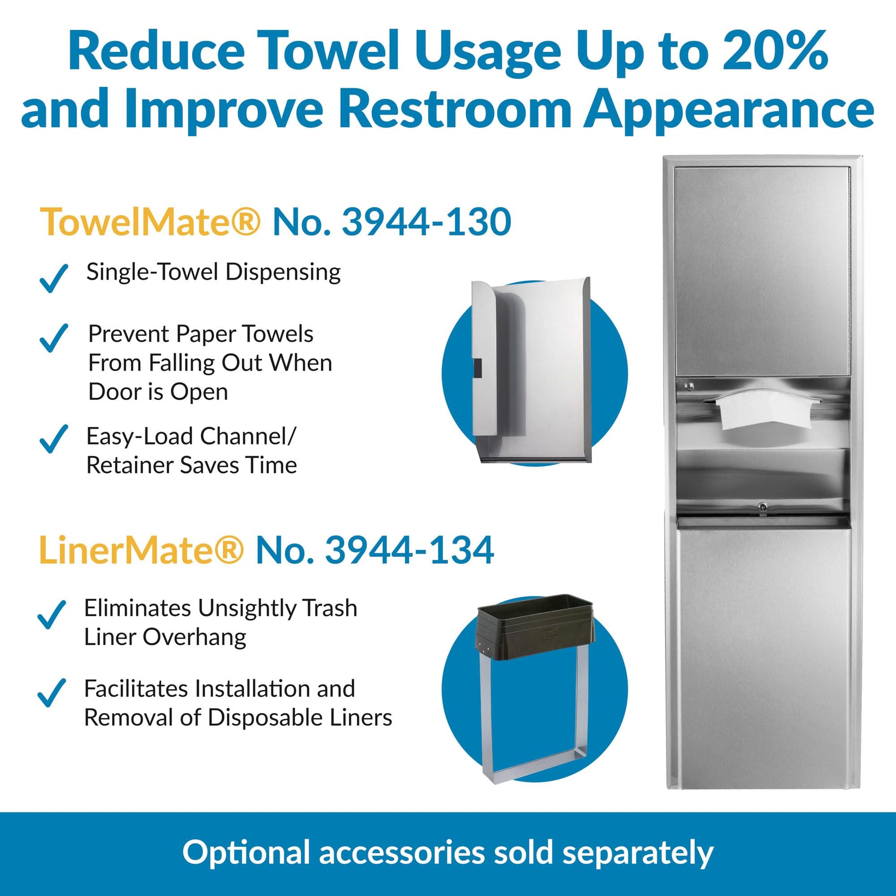 Bobrick 3949 ClassicSeries Stainless Steel Surface-Mounted Convertible Paper Towel Dispenser/Waste Receptacle, Satin Finish, 12 Gallon Capacity, 17-1/2" Width x 56-5/16" Height view 6