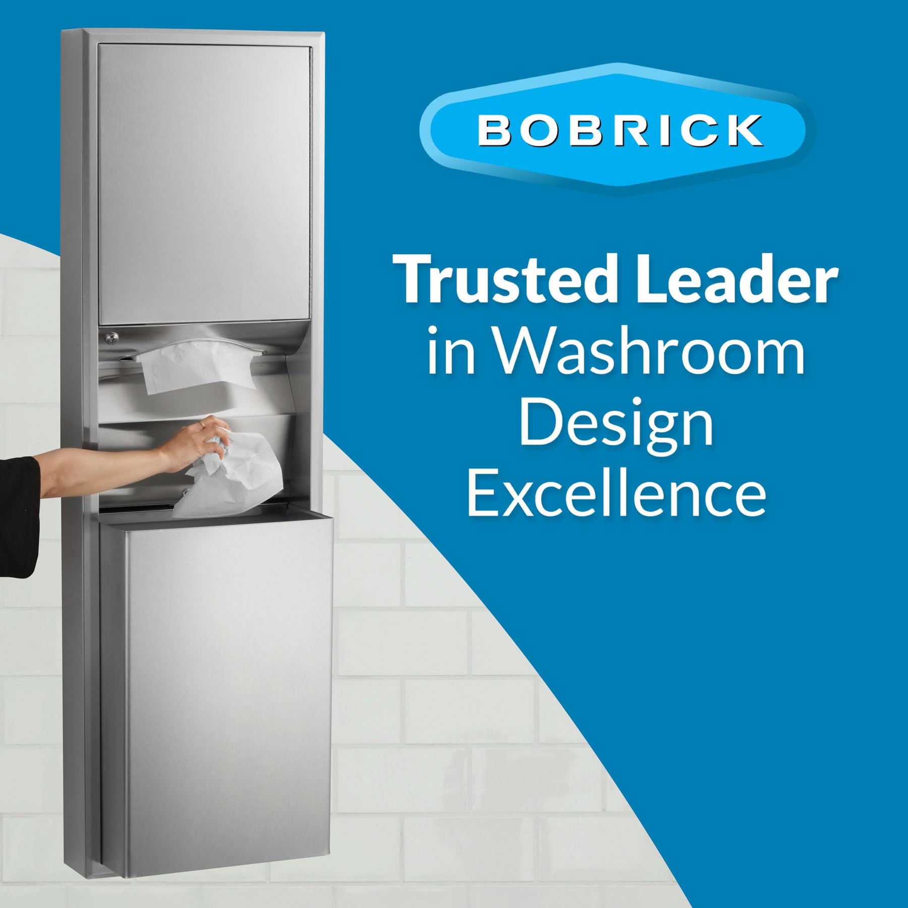Bobrick 3949 ClassicSeries Stainless Steel Surface-Mounted Convertible Paper Towel Dispenser/Waste Receptacle, Satin Finish, 12 Gallon Capacity, 17-1/2" Width x 56-5/16" Height view 7