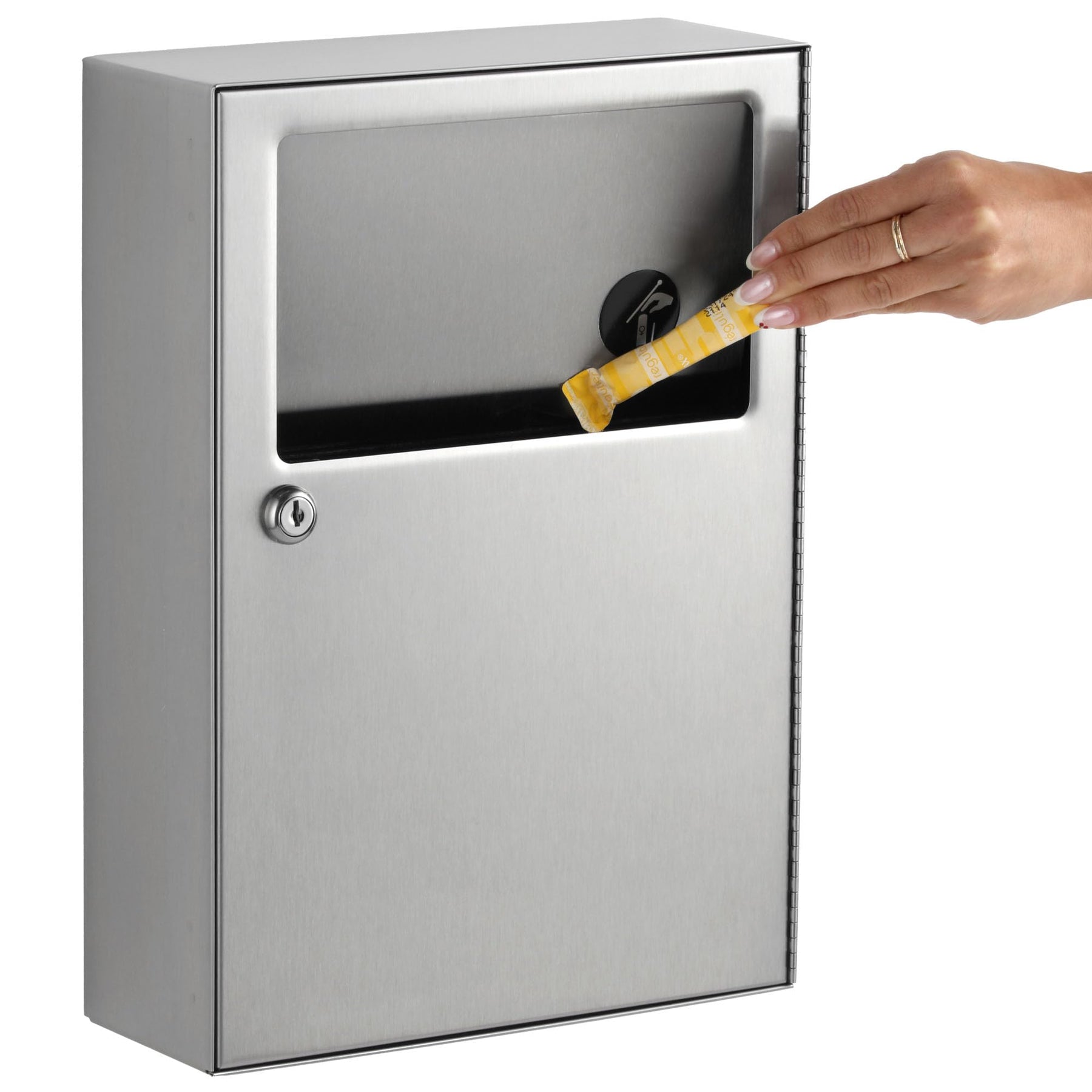 Bobrick Surface-Mounted Sanitary Napkin Disposal – ADA Compliant, Satin-Finish Stainless Steel, Leak-Proof 1.2-gallon Capacity, Self-Closing Panel, Durable & Hygienic Design for Commercial Bathrooms (Model B-254)