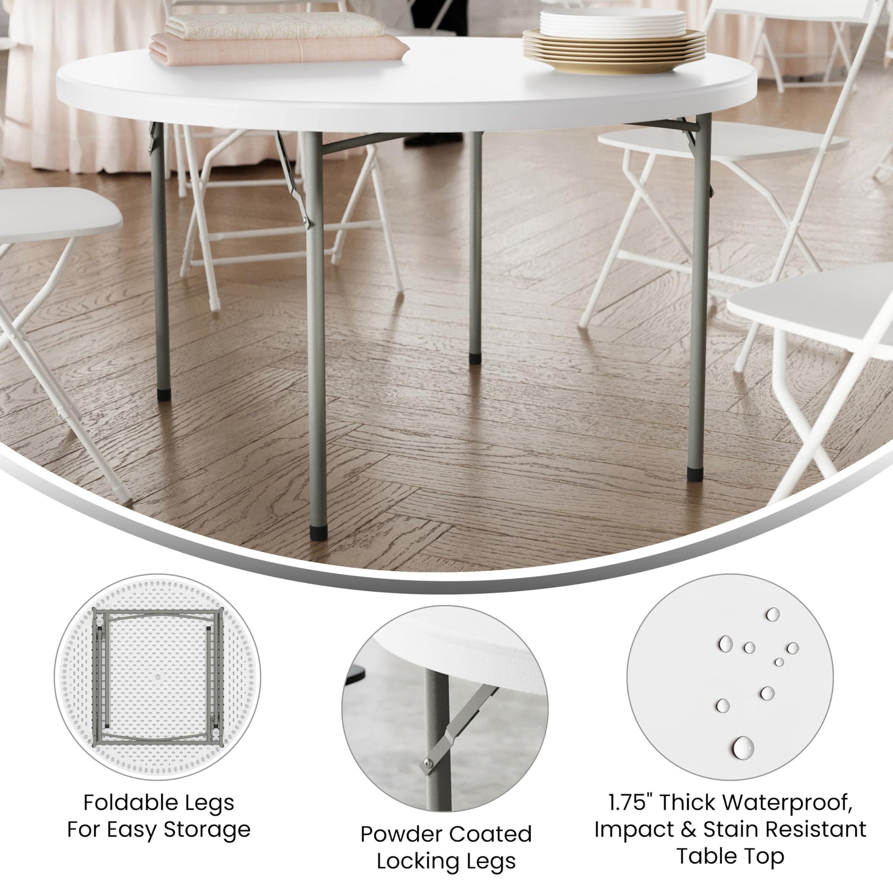 Flash Furniture 4 ft Plastic Round Folding Table, Granite White view 3