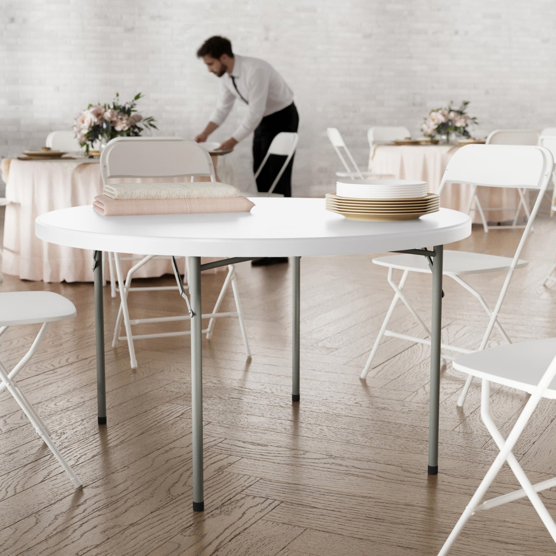 Flash Furniture 4 ft Plastic Round Folding Table, Granite White view 4