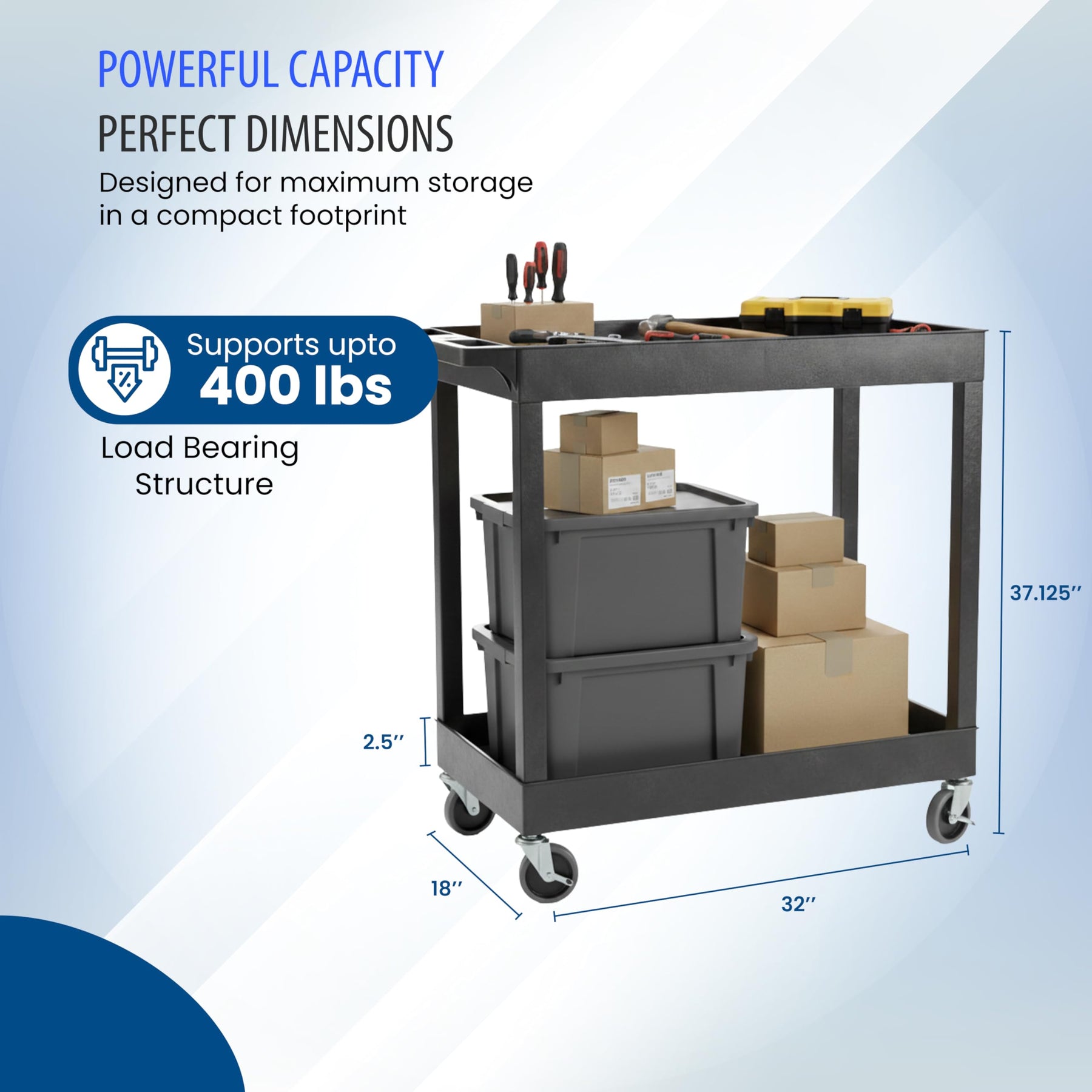 Luxor 32" x 18" Tub Storage Cart 2 Shelves - Black, (EC11-B) view 5