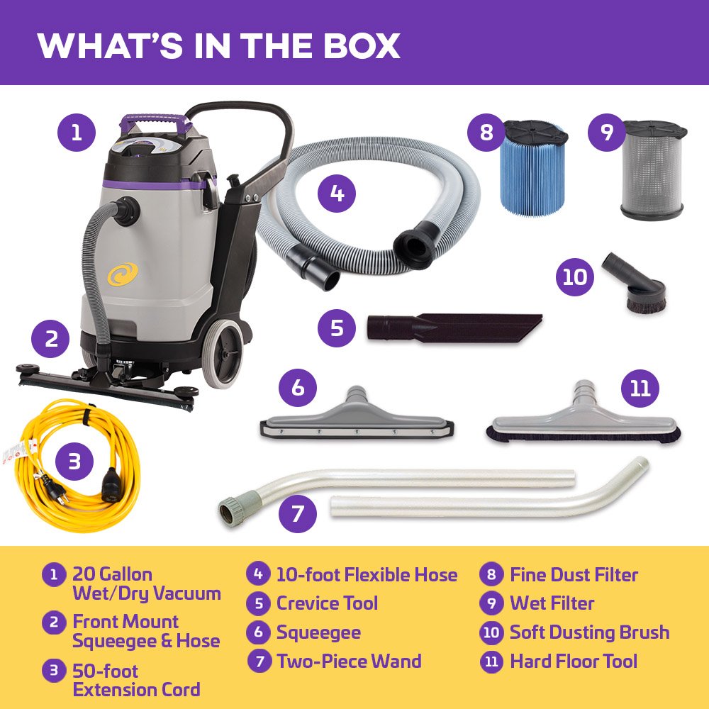 ProTeam Wet Dry Vacuums, ProGuard 20, 20-Gallon Commercial Wet Dry Vacuum Cleaner with Tool Kit and Front Mount Squeegee view 2