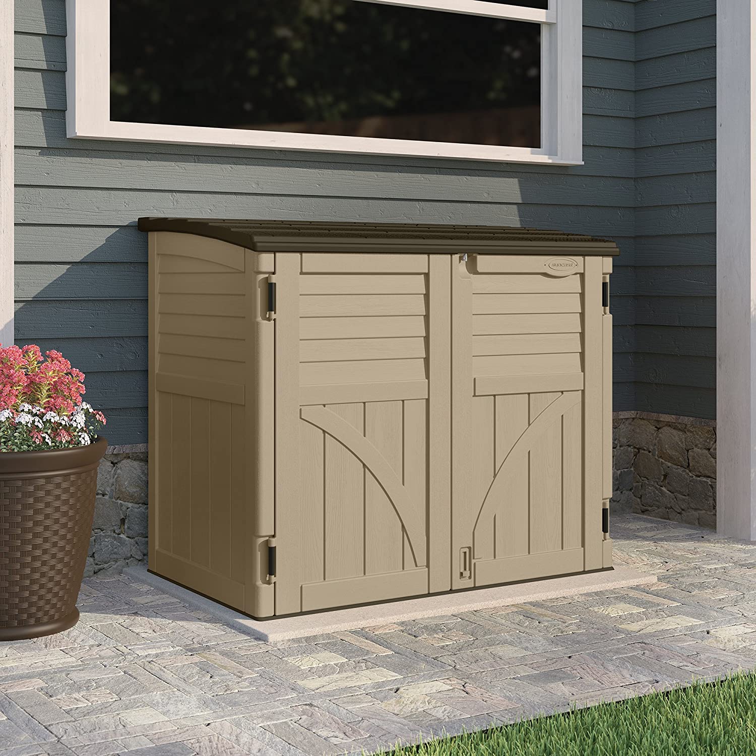 Suncast Horizontal Shed, Compact Outdoor Storage System, 34 Cu. Ft. Capacity, Sand & Slate - Lockable Multi-Wall Resin Organizer for Garbage Cans, Garden Tools, Bins, Bikes and Yard Equipment view 2