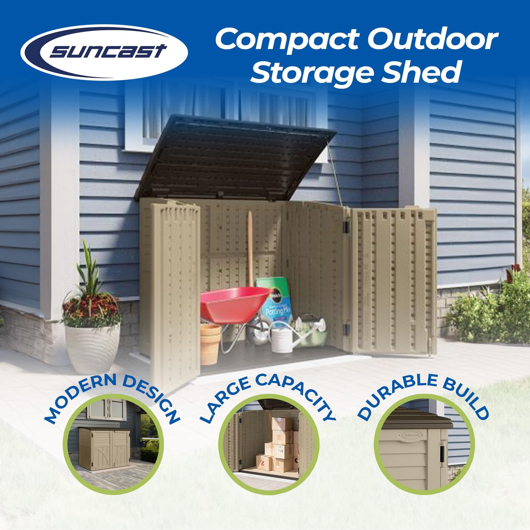 Suncast Horizontal Shed, Compact Outdoor Storage System, 34 Cu. Ft. Capacity, Sand & Slate - Lockable Multi-Wall Resin Organizer for Garbage Cans, Garden Tools, Bins, Bikes and Yard Equipment view 3