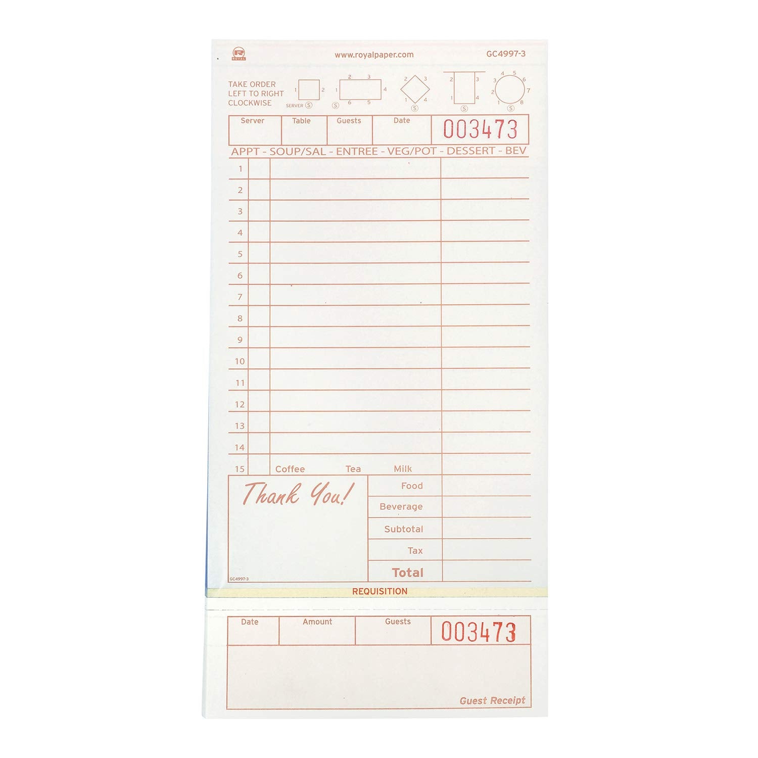 AmerCareRoyal Guest Check Loose-Pack Refill, 15 Lines, Three-Part Carbonless, 4.2 x 8.5, 200 Forms/Pad, 10 Pads/Carton