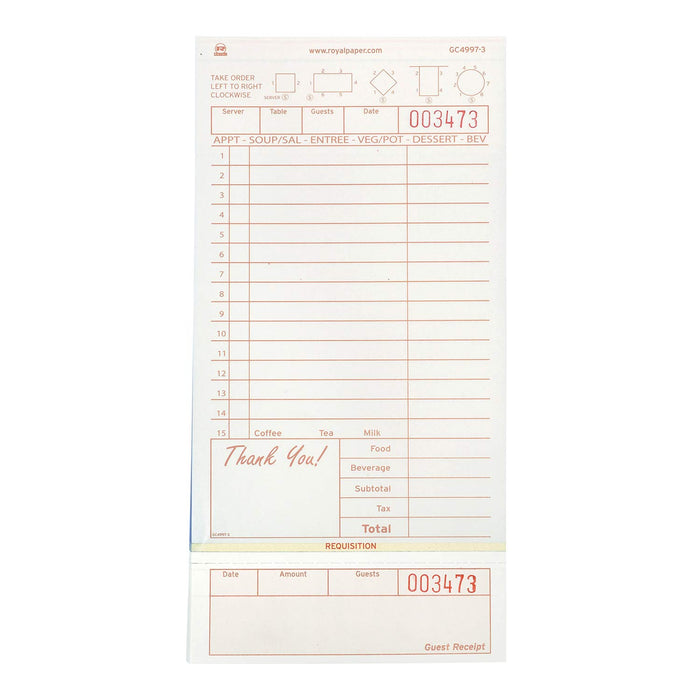 AmerCareRoyal Guest Check Loose-Pack Refill, 15 Lines, Three-Part Carbonless, 4.2 x 8.5, 200 Forms/Pad, 10 Pads/Carton