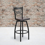 Flash Furniture HERCULES Series Black ''X'' Back Swivel Metal Barstool - Walnut Wood Seat view 2