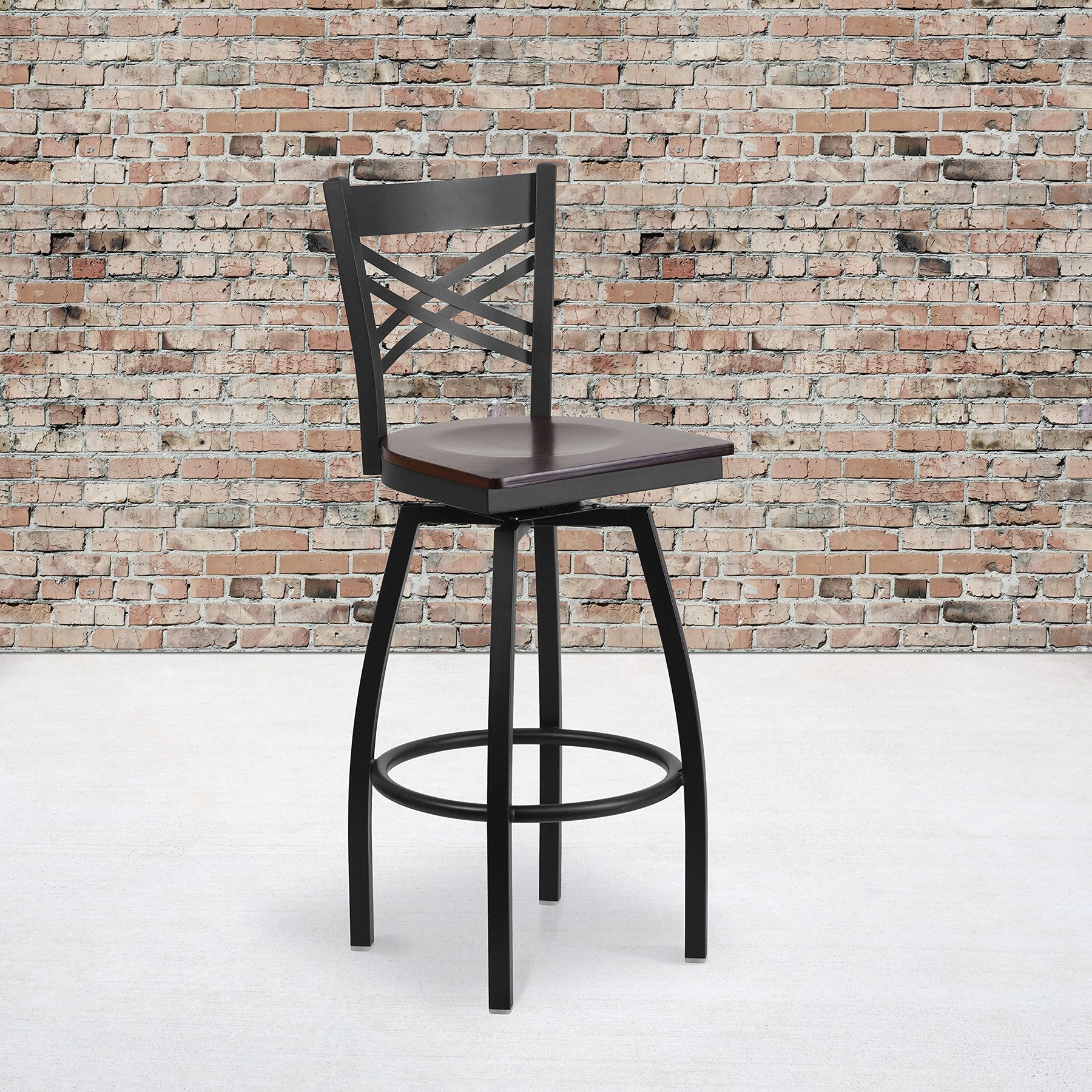 Flash Furniture HERCULES Series Black ''X'' Back Swivel Metal Barstool - Walnut Wood Seat view 2
