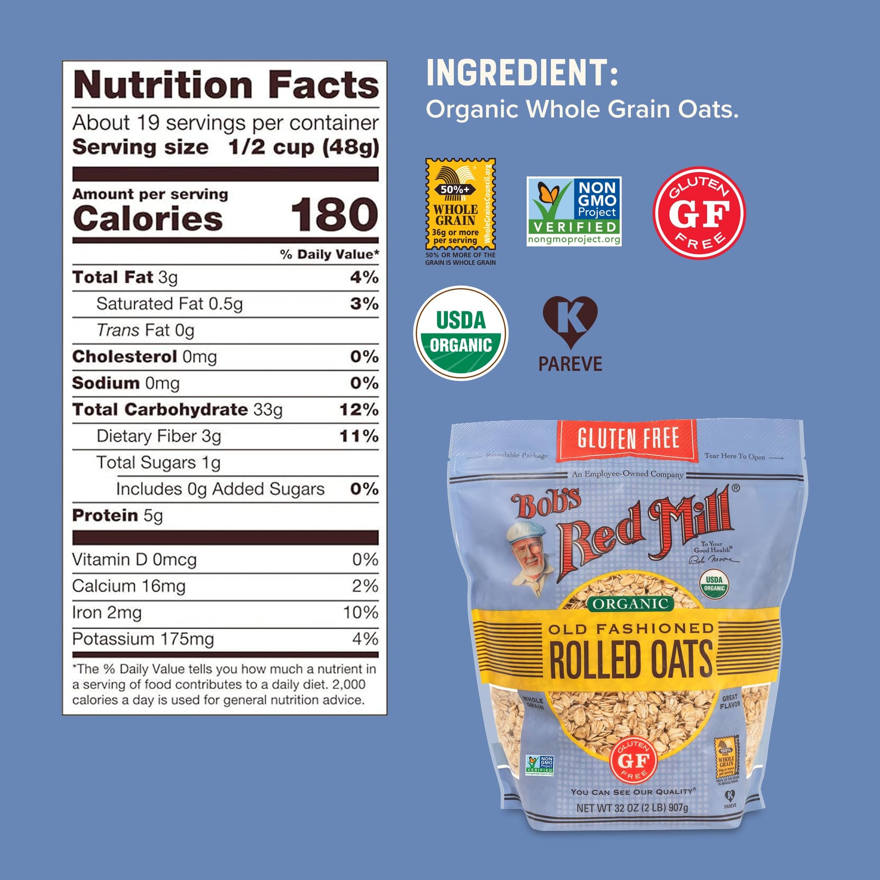 Bob's Red Mill Gluten Free Organic Old Fashioned Rolled Oats, 400oz (Pack of 1) - Non GMO, Whole Grain, Vegan, Kosher view 3