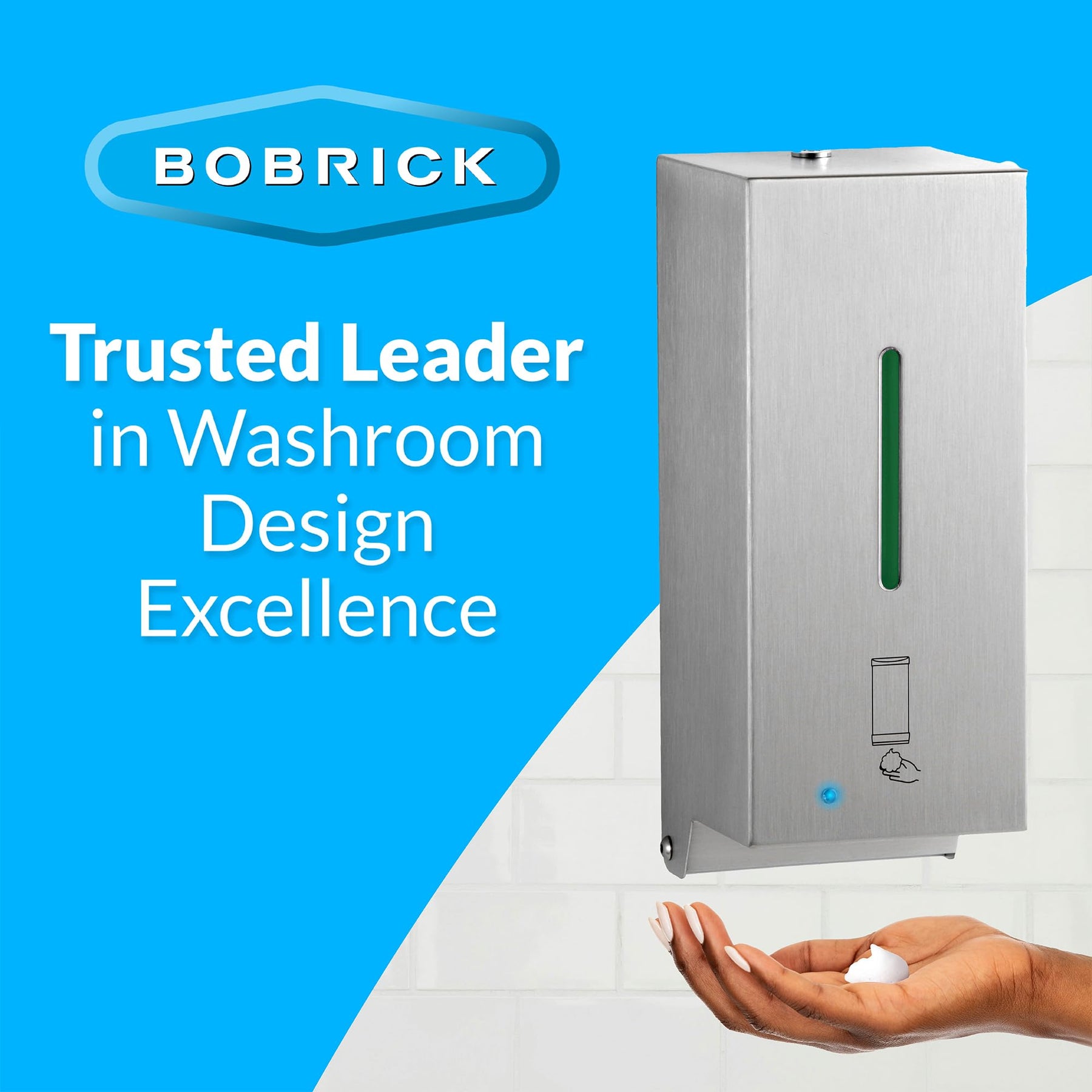 BOBRICK 2013 Stainless Steel Automatic Wall-Mounted Foam Soap Dispenser, Satin Finish, 27-FL oz. 4-1/4” W, 10-17/32” H, 4-7/32” D view 5