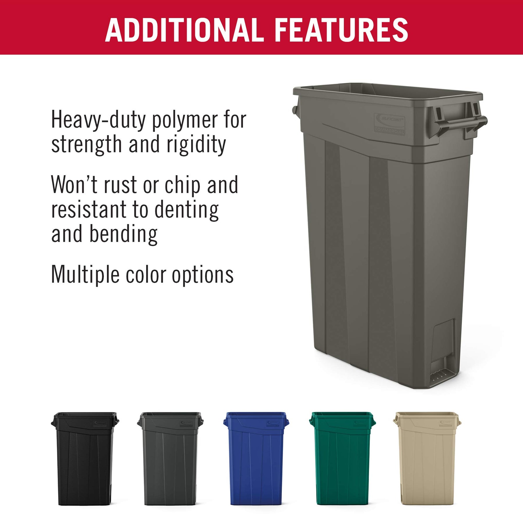 Suncast Commercial TCNH2030BK Narrow Trash Can with Handles, 30" Height x 11.08" Width, 23 gal Capacity, Black view 6