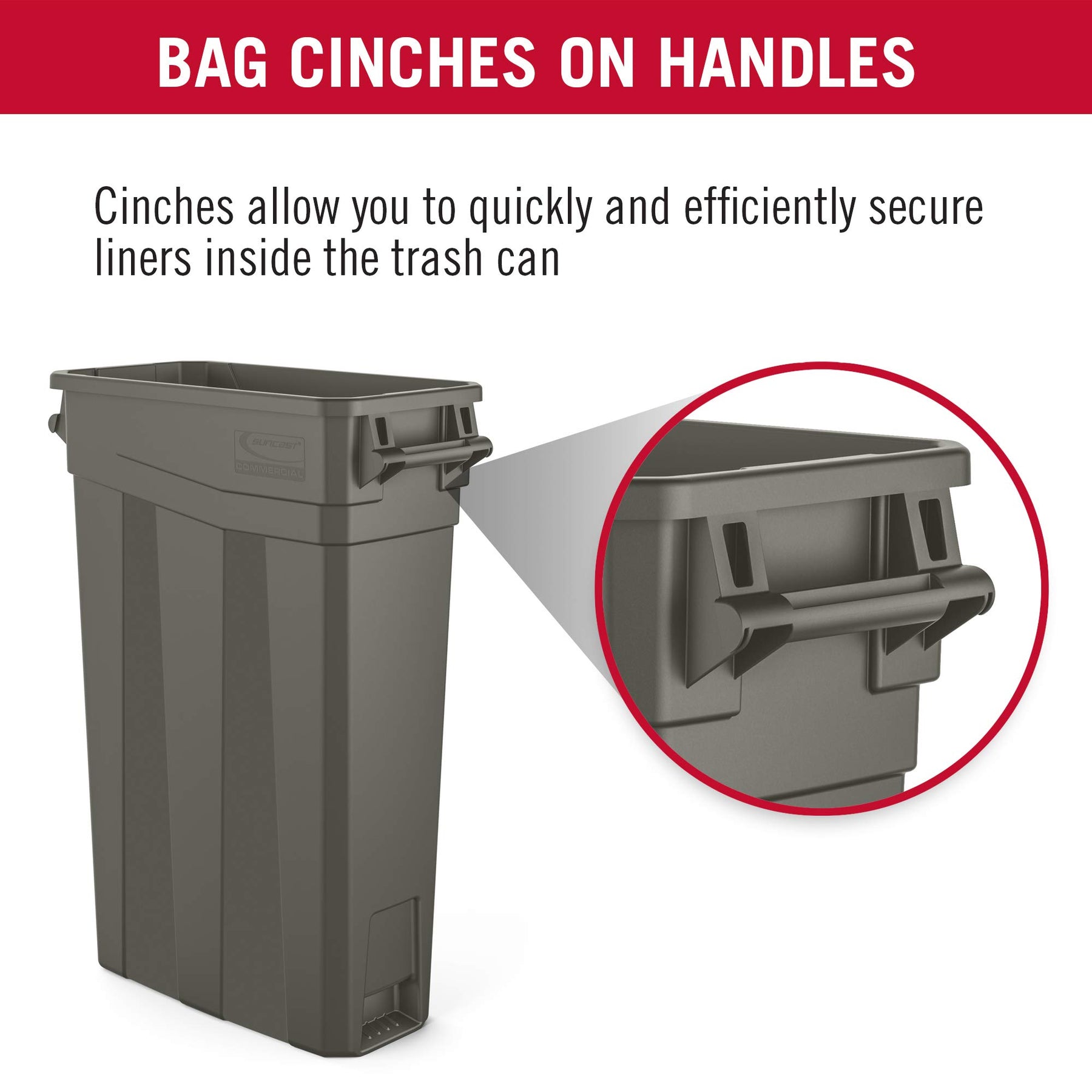 Suncast Commercial TCNH2030BK Narrow Trash Can with Handles, 30" Height x 11.08" Width, 23 gal Capacity, Black view 7