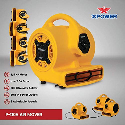 XPOWER P-130A Mini Mighty 1/5 HP 800 CFM Centrifugal Air Mover, Carpet Dryer, Floor Fan, Blower, Stackable, Daisy Chain, for Water Damage Restoration, Janitorial, Plumbing, Home Use,Yellow view 2