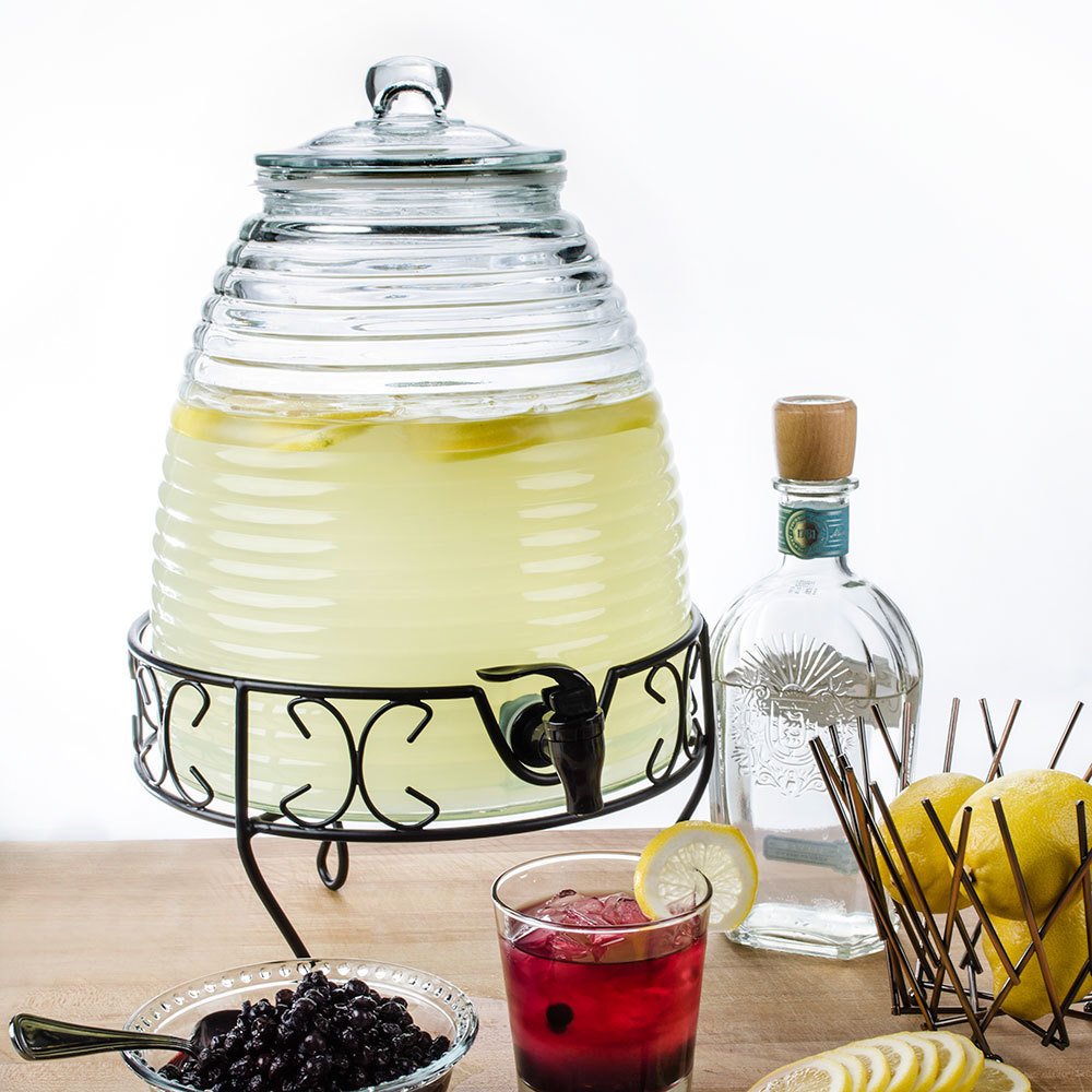 2.4 Gallon Glass Bee Hive Beverage Drink Water Ice Tea Dispenser Metal Stand