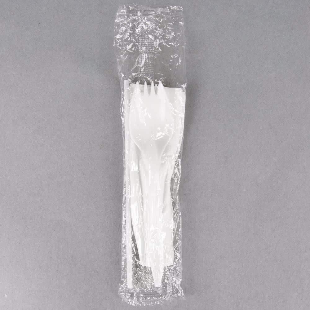 BWS Individually Wrapped White Medium Weight Plastic Spork, Straw, and Napkin Kit, Case of 1000