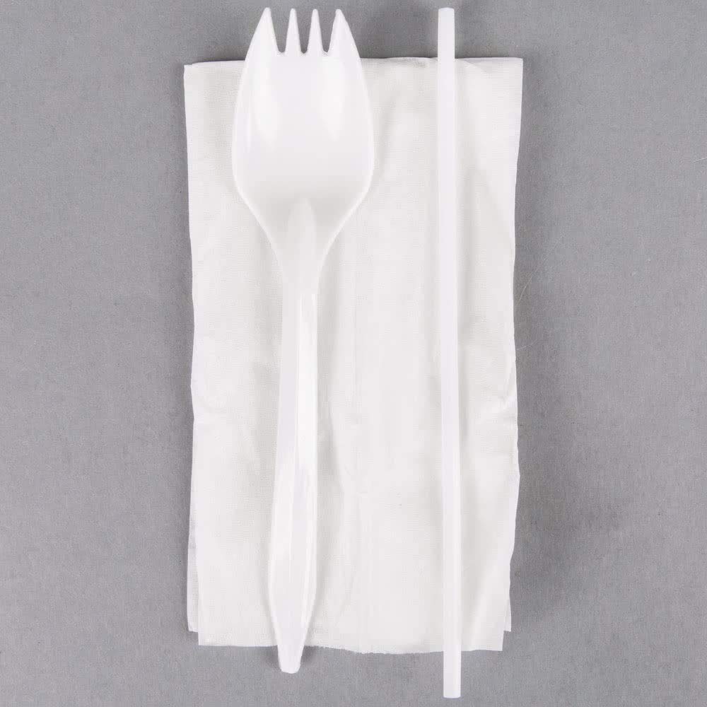 BWS Individually Wrapped White Medium Weight Plastic Spork, Straw, and Napkin Kit, Case of 1000 view 3