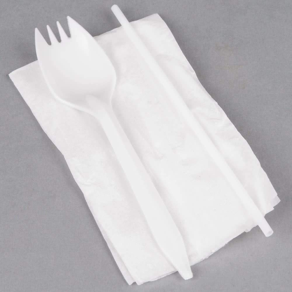 BWS Individually Wrapped White Medium Weight Plastic Spork, Straw, and Napkin Kit, Case of 1000 view 4