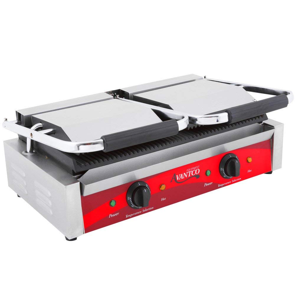 TableTop King P84 Double Commercial Panini Sandwich Grill with Grooved Plates - 18 3/16" x 9 1/16" Cooking Surface - 120V, 3500W