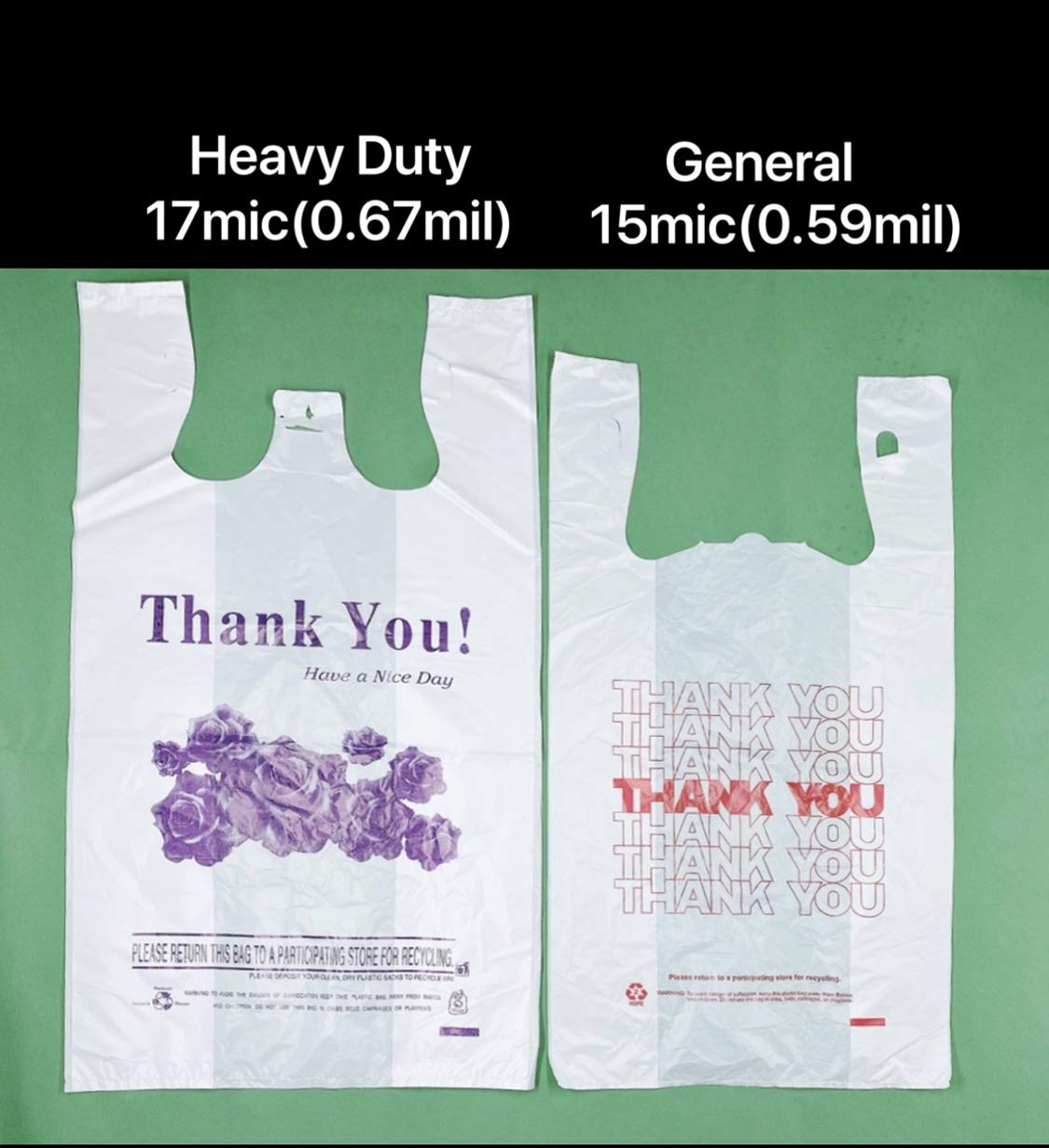 R Noble Heavy Duty 12???23???7?Purple Flower Thank You Reusable Disposable Grocery T-Shirt Plastic Bags 200 Counts 17Mic view 3