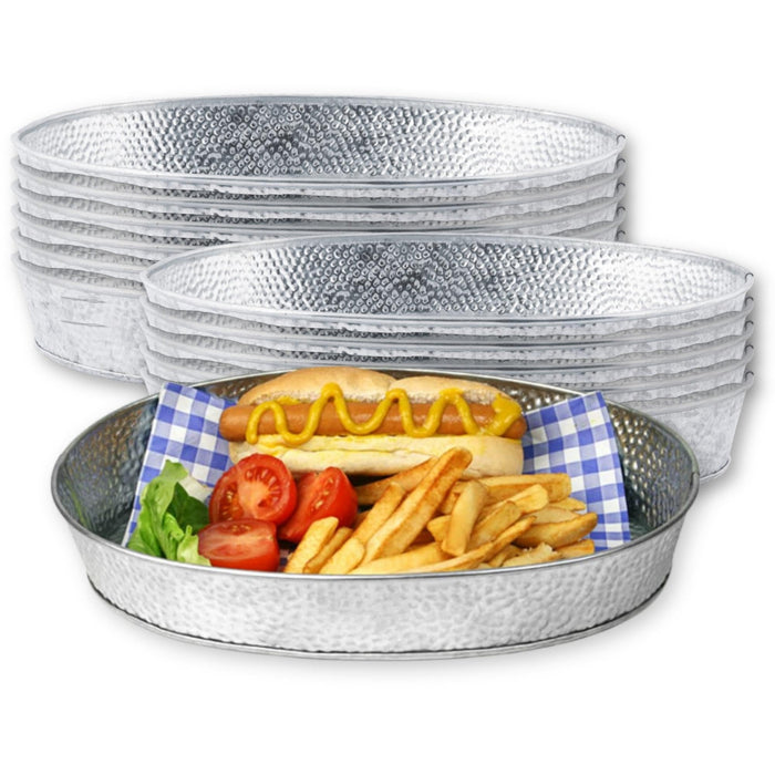 Tablecraft Galvanized Oval Serving Trays, Steel Dinner Food Platter, Silver Pebble Textured, Rustic Style Plates for Restaurant, Patio, Indoor and Outdoor Use, Reusable, Unbreakable, 12x9, 12 Pcs