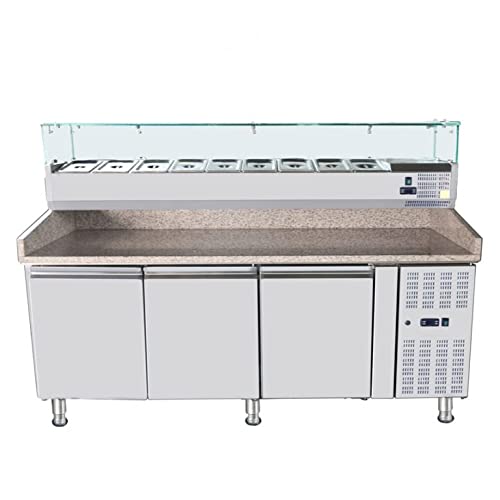 Omcan GRANITE TOP REFRIGERATED PIZZA PREP TABLE 80inch, OMCAN 41145, Metallic, OVER-ALL DIMENSIONS: 79.7” x 31.5” x 39” view 2