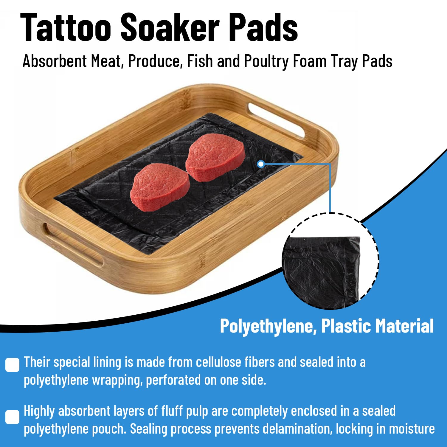 TD40, 4x7-Inch 40 Grams Tattoo Soaker Pads, Absorbent Meat, Produce, Fish and Poultry Foam Tray Pads (1000, Black) view 5