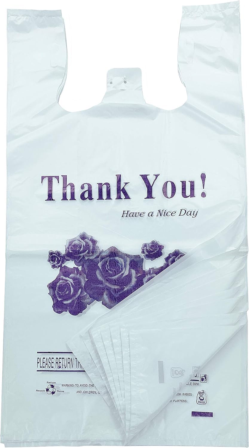 Thank You" Standard-Duty Plastic T-Shirt Bag (400, Purple flowers, 11.5" x 6.5" x 21")