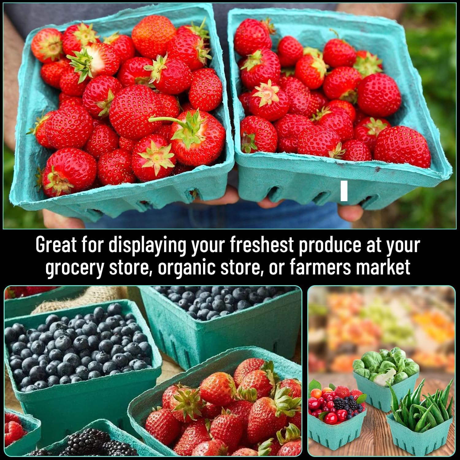 Pulp Produce Basket, Molded Pulp, Slotted Sides for Ventilation, Open Top, for Berries, Cherry Tomatoes, and Produce Display (Green, 1 pt., 500) view 5