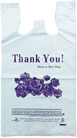 [400 Pack] White 1/6 T-Shirt Bag with Purple Flower Print