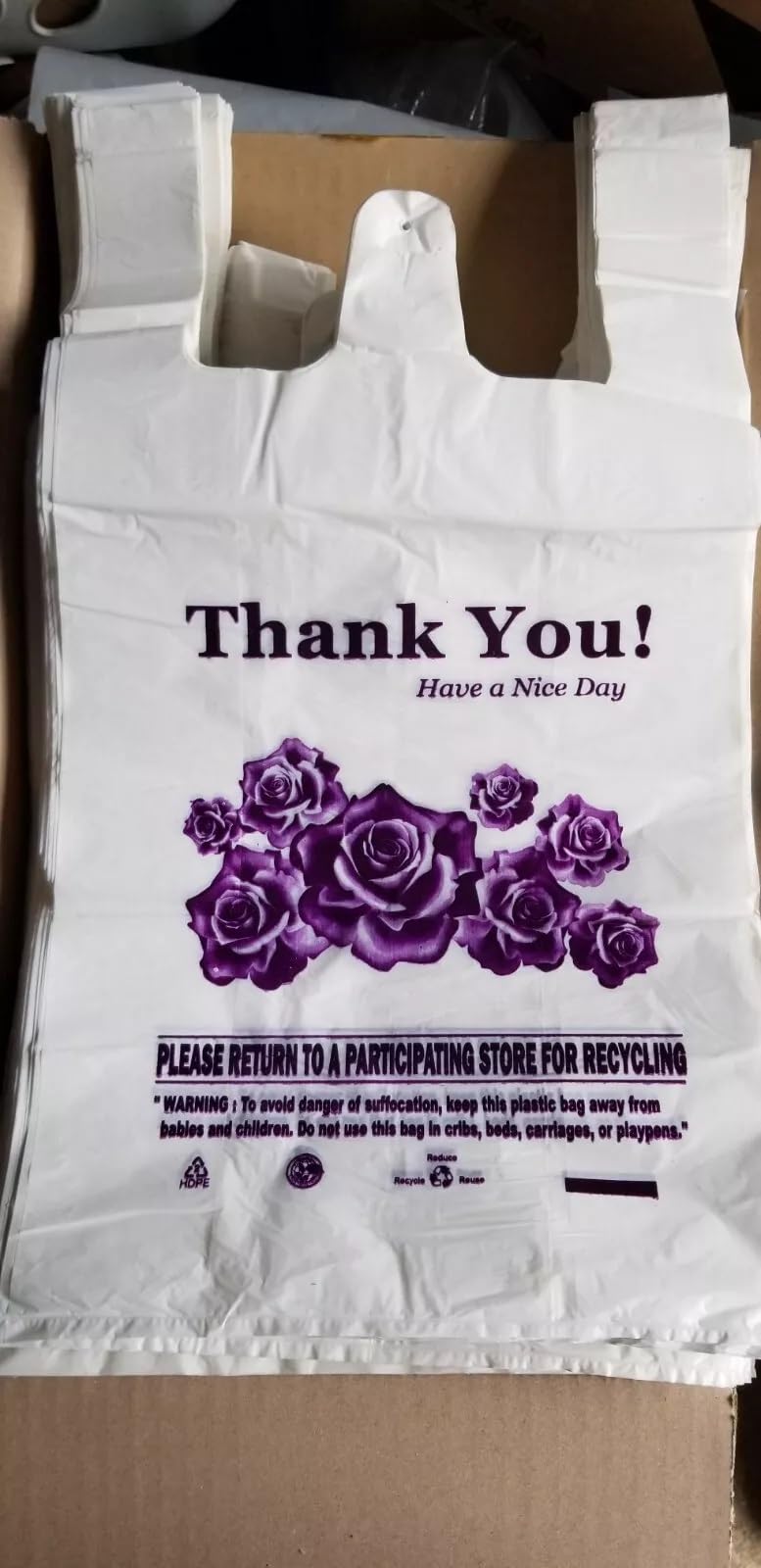 [400 Pack] White 1/6 T-Shirt Bag with Purple Flower Print view 2