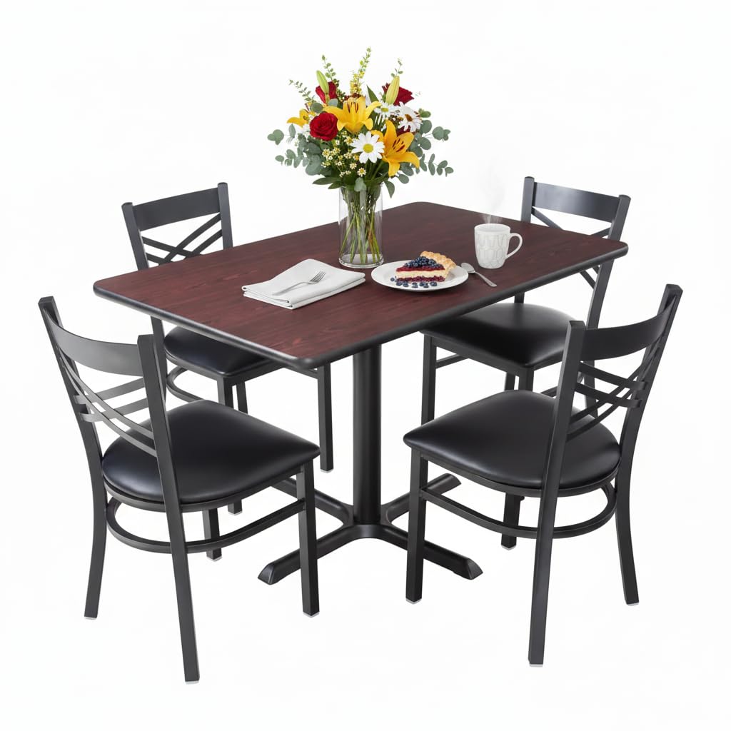 Glownary Reversible Dining Table Set, 30 x 48 inches, Cherry/Black Top with 4 Cross Back Chairs, Standard Height