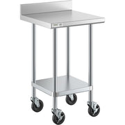 Commercial Work Table with Backsplash, 304 Stainless Steel, 24x24 Inch, Galvanized Legs, Undershelf, Casters, 400 lb Capacity